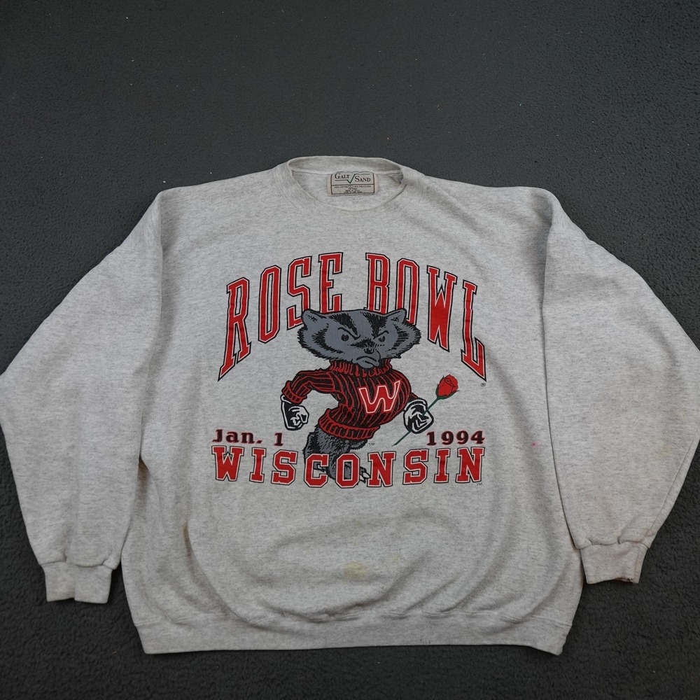 Vintage Wisconsin Badgers Sweatshirt Mens XL Gray Rose Bowl Galt Sand 90s